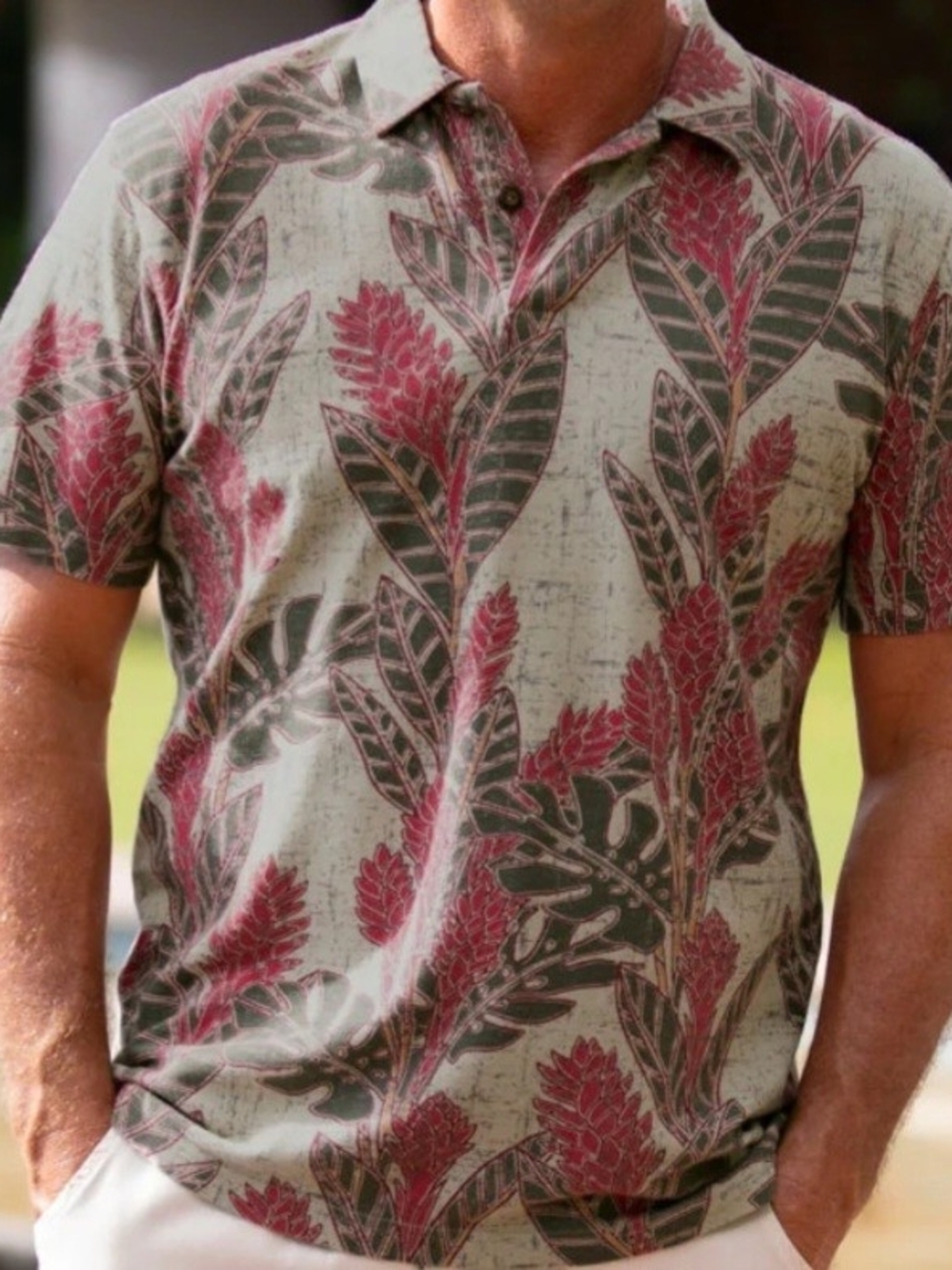 Crazy Shirt Men's Hawaiian Ginger NLC Olive Red Hawaiian Polo Shirt